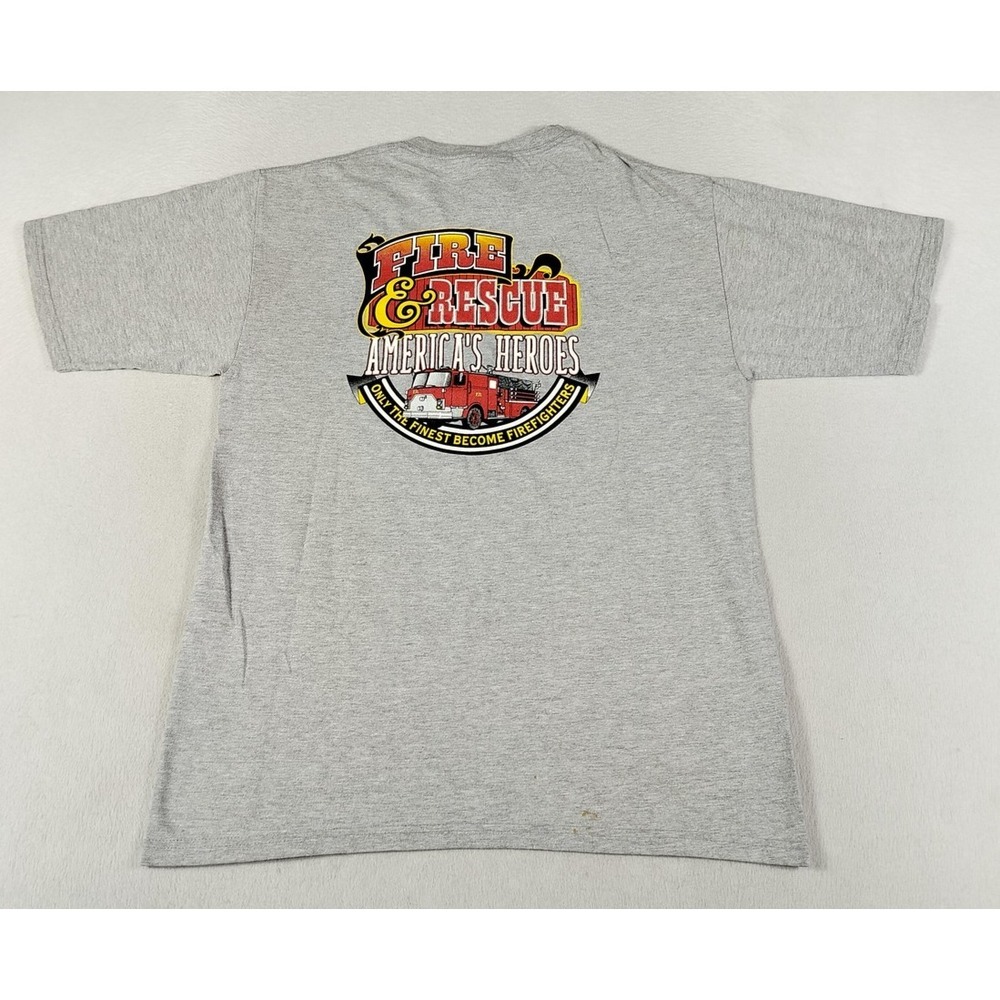 Vintage Hanes Beefy Shirt Mens Medium Gray Firefighter Americas‎ Heroes Y2K